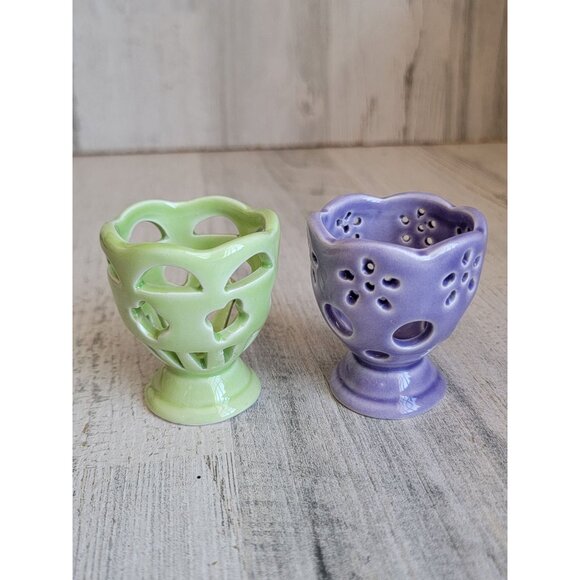 Egg holder green purple ceramic Easter spring set - Picture 1 of 5